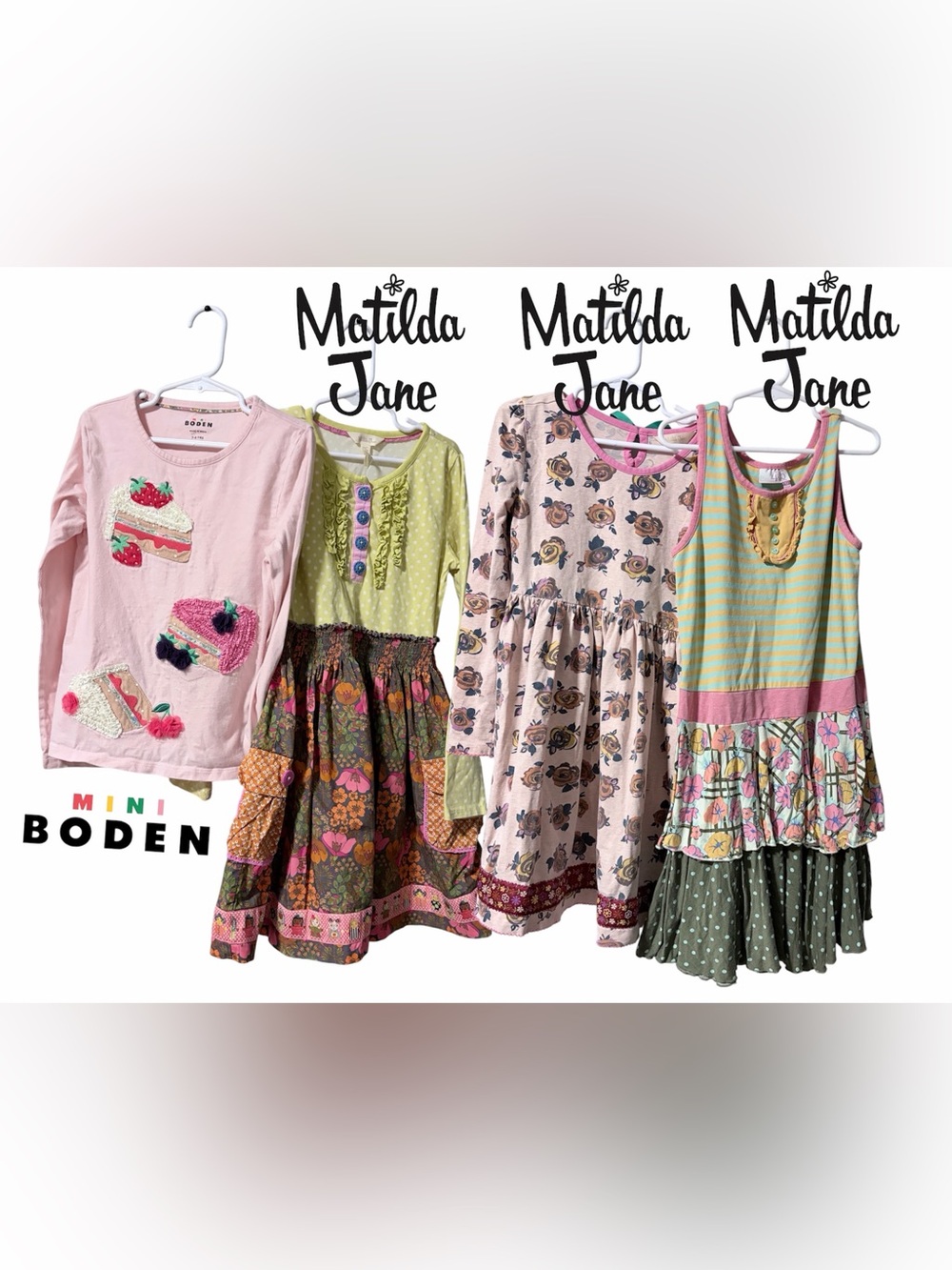 Matilda Jane Lot Pink Floral & Green Mixed-Print Girls Dresses size 7/8, 8, 10